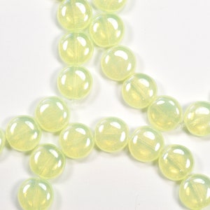 10mm Vaseline Green Lustrous Puffy Coin Czech Glass Beads - 15