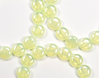 10mm Vaseline Green Lustrous Puffy Coin Czech Glass Beads - 15