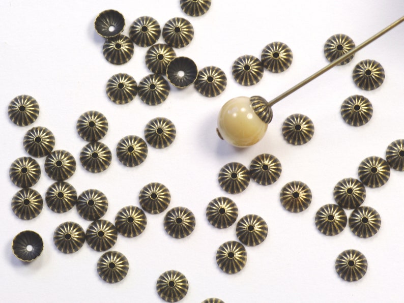 5mm Solid Antiqued Brass Tiny Ribbed Bead Caps 50 image 1