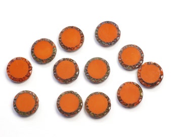 12mm Pumpkin Orange Picasso Mayan Sun Coin Czech Glass Beads - 6 Pieces