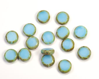 10mm Satiny Light Blue Picasso Coin Czech Glass Beads