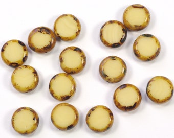 11mm Opaque Beige Picasso Window Czech Glass Coin Beads