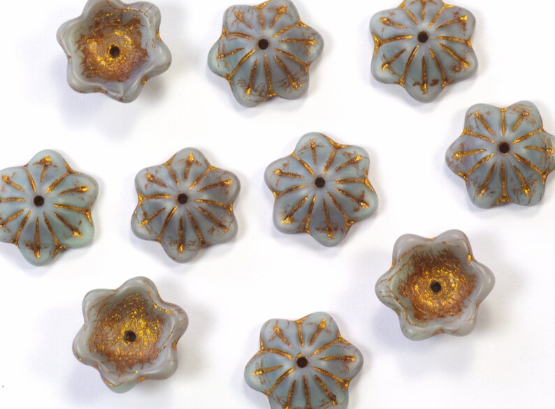 12mm Matte Gray Wide Bell Flower Caps Czech Glass Beads with Dark Bronze Wash 10