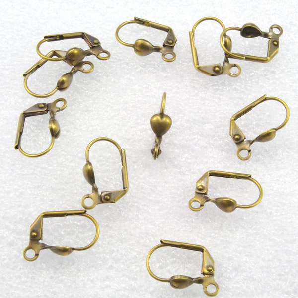 Leverback Ear Wires Antiqued Solid Brass with Heart Embellishment - 12 Pieces