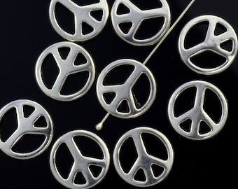 Peace Sign Beads Silver Plated Pewter 14mm - 8 Pieces