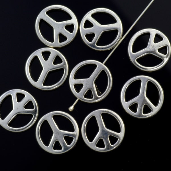 Peace Sign Beads Silver Plated Pewter 14mm - 8 Pieces