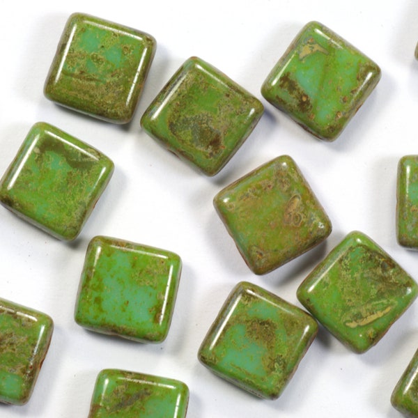 10mm Rustic Green Turquoise Czech Glass Square Tile Beads - 15