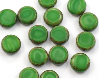 11mm Kelly Green Picasso Coin Table Cut Czech Glass Beads