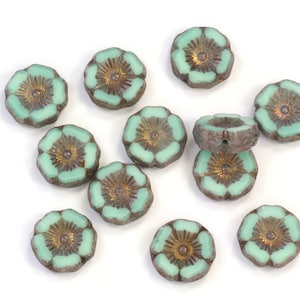 12mm Hibiscus Flowers Opaque Mint Green with Gray and Bronze Picasso Finish Czech Glass Beads