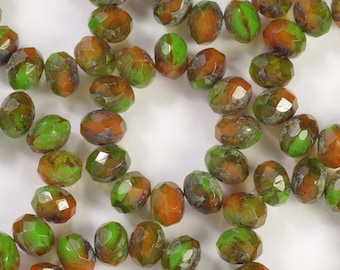 8mm Green Orange Givre Mix Picasso Fire Polish Rondelle Beads  - 12