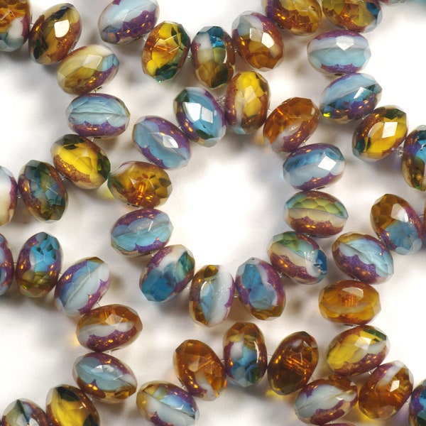 9x6mm Aqua Blue, Dark Yellow Topaz, and Opaque White with Bronze Multi Color Fire Polish Czech Glass Donut Rondelle Beads - 12