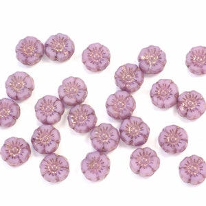 7mm Tiny Hibiscus Flowers Opaque Lavender or Pink with Bronze Czech Glass Beads - 12