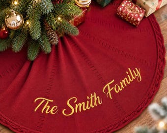 Gonna per albero di Natale personalizzata, gonna per albero di Natale in maglia personalizzata con nome di famiglia, decorazione natalizia ricamata, regalo per la nuova casa, ricordo delle vacanze