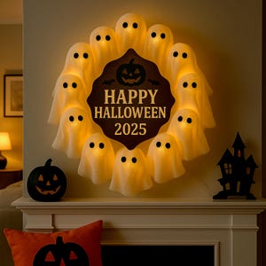 Könnte beinhalten: Ein Halloween-Kranz mit leuchtenden Geisterfiguren, die kreisförmig angeordnet sind. Ein Holzschild in der Mitte zeigt "HAPPY HALLOWEEN 2025" mit einem Kürbis- und Fledermaus-Design. Ein schwarzer Kürbis und eine Geistersilhouette stehen auf dem Kaminsims.