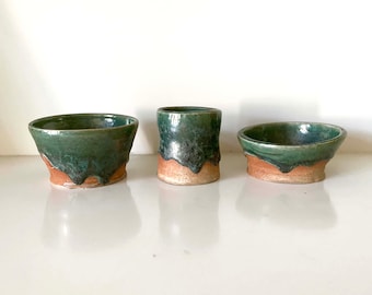 Handmade Studio Pottery Bowls. Small Pottery Vessels. Wheel Thrown. Boho. Rustic. Farmhouse. Green Pottery Bowls. Appetizer Bowls. Gifts