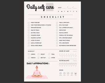 May include: A printable daily self-care checklist with sections for making your bed, taking medications, skincare, healthy meals, going for a walk, cleaning the house, washing clothes, listening to music, having a power nap, social media break, taking a long bath, doing a face mask, calling a friend or family, meditation, watching a movie, cuddling a pet or human, trying a new restaurant, making time to read, trying a new recipe, no phone 30 minutes before bed, workout, hours of sleep, water balance, and daily affirmations. The checklist also includes a section for tracking mood.
