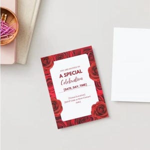Zaproszenie na uroczystość Red Rose (edytowalny szablon Canva) | Cyfrowe zaproszenie kwiatowe | Na każdą okazję | Urodziny, wieczór panieński, romantyczne wydarzenie