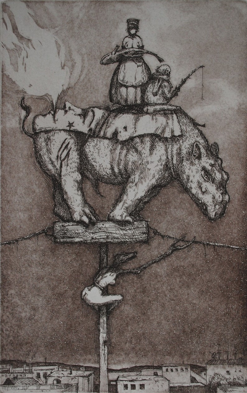 Original Aquatint Etching Three Strikes image 1