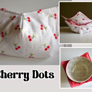Peut inclure: Coussinets de bol en tissu blanc avec un motif de cerises rouges et des pois noirs. L'image montre &eacute;galement un bol avec un motif de points noirs et blancs sur un carr&eacute; rouge. Le texte "Cherry Dots" est en bas.