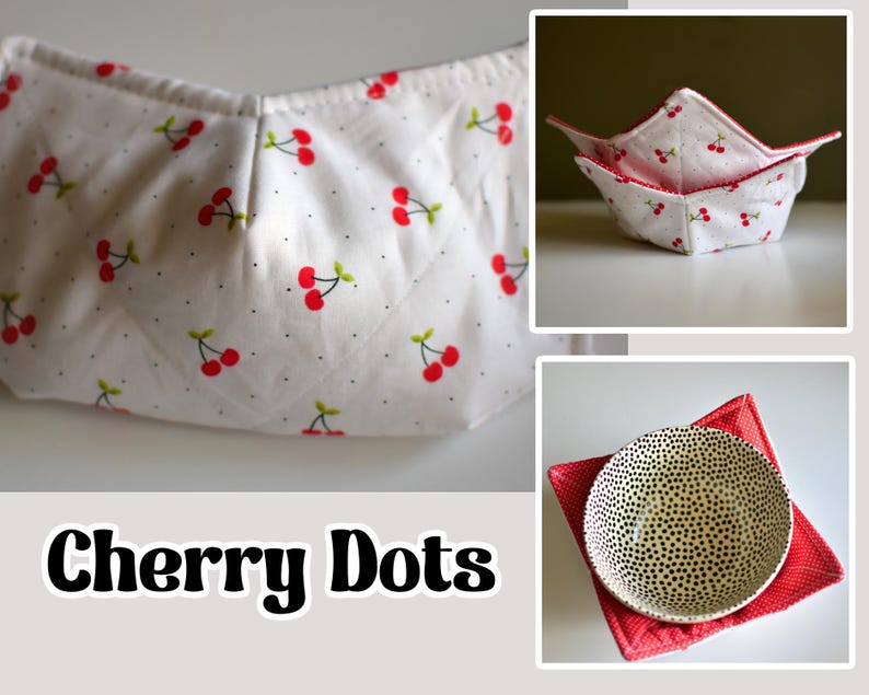 Peut inclure: Coussinets de bol en tissu blanc avec un motif de cerises rouges et des pois noirs. L'image montre &eacute;galement un bol avec un motif de points noirs et blancs sur un carr&eacute; rouge. Le texte "Cherry Dots" est en bas.