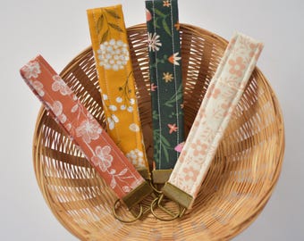 Floral Fabric Keychain Wristlet: Boho Key Fob, Handmade 6 Inch