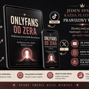 May include: A digital guide titled OnlyFans Od Zera displayed on a tablet and smartphone, featuring a keyhole graphic. The image includes icons for social platforms, text in Polish, and bullet points detailing a 36-page PDF system for content creators.