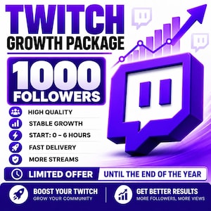 Puede incluir: Un anuncio gráfico en morado y blanco para un paquete de crecimiento de Twitch con el texto TWITCH GROWTH PACKAGE 1000 FOLLOWERS, un logo 3D de Twitch, un gráfico de crecimiento ascendente e iconos de alta calidad y entrega rápida.
