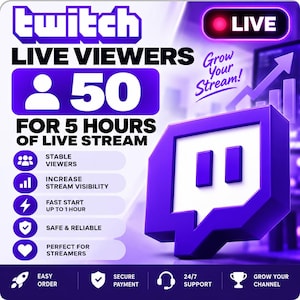 Pode incluir: Um gráfico digital promovendo serviços de espectadores para Twitch, com o texto Twitch Live Viewers 50 for 5 hours of live stream, um logotipo roxo 3D da Twitch e ícones representando espectadores estáveis, visibilidade e suporte.