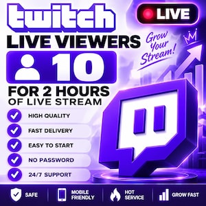 以下が含まれることがあります： Twitchのライブ視聴者を宣伝する紫と白のデジタルグラフィック。テキストは「Twitch Live Viewers 10 for 2 hours of live stream」。高品質、迅速な配信、簡単な開始、パスワード不要、24時間年中無休のサポートなどの機能が記載されています。