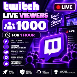 Könnte beinhalten: Eine digitale Werbegrafik für Twitch mit dem Text Twitch Live Viewers 1000 for 1 hour. Das violett-weiße Design enthält Symbole für schnelle Lieferung, erhöhte Sichtbarkeit, echte Zuschauer, Sicherheit und Support für Streamer.