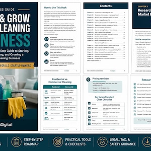 Peut inclure: Un guide professionnel intitulé Start & Grow Your Cleaning Business, avec une couverture bleu foncé montrant des produits de nettoyage dans un seau noir. Le guide inclut des pages intérieures avec un sommaire, des listes et des stratégies.