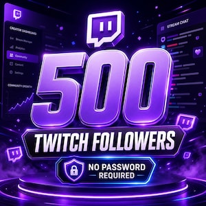 Op de afbeelding: Een digitale afbeelding met de grote paarse tekst 500 TWITCH FOLLOWERS en het Twitch-logo erboven. Daaronder staat een banner met de tekst NO PASSWORD REQUIRED en een schildpictogram. De achtergrond toont een dashboard en chatinterface.