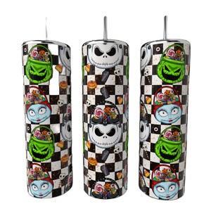 May include: A set of three stainless steel tumblers with a Halloween theme. Each tumbler features a repeating pattern of Jack Skellington's face, Sally, and Oogie Boogie, set against a black and white checkered background. Candy corn and pumpkins are also included.