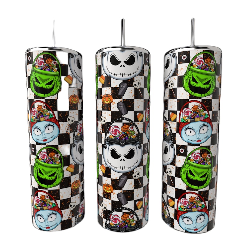 May include: A set of three stainless steel tumblers with a Halloween theme. Each tumbler features a repeating pattern of Jack Skellington's face, Sally, and Oogie Boogie, set against a black and white checkered background. Candy corn and pumpkins are also included.