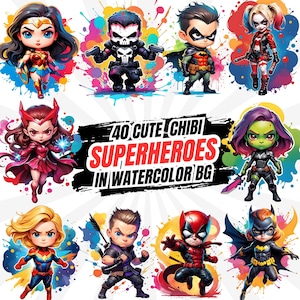 Superhéroes chibi con fondo salpicado de acuarela / Lindo clipart de dibujos animados en PNG de alta resolución / Ideal para calcomanías e impresiones
