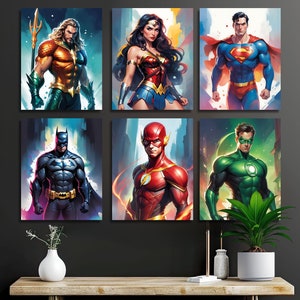 Superheroes Poster Prints 6 Iconic Characters - DC Watercolor Gift Printable Wall Art Digital Download