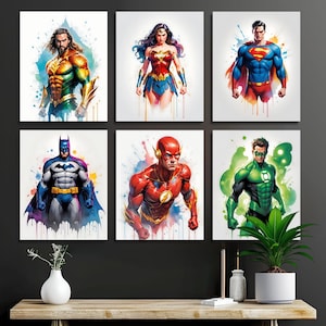 Superheroes Poster Prints 6 Iconic Characters - DC Watercolor Gift Printable Wall Art Digital Download