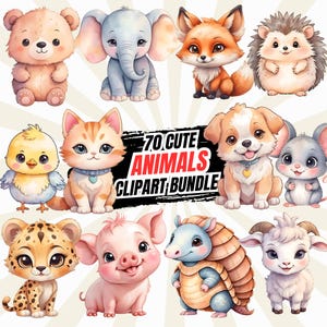 Süße Baby Tiere Aquarell Clipart | Niedliches Tier-Bundle | Kinderzimmer Wandkunst, Sublimation, Aufkleber, Handwerk, Druckbare Tiere PNG