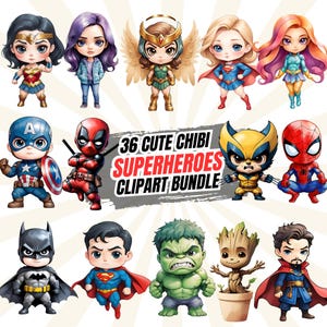 Superhéroes chibi en acuarela / Lindos dibujos animados de Marvel y DC en PNG de alta resolución / Ideales para calcomanías, impresiones y más