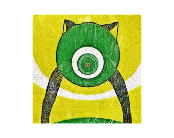 It's Here fine art print features a green faced robot cat very focused on an object in the distance. Is it YOU?!