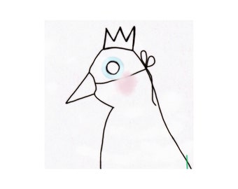 Part 1. a 5x5in digital drawing / painting of a masked bird with a crown on 8x10in archival paper