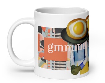 Gmmmm!!! Whimsical, magical good morning fried egg face collage with abstract art on a mug makes every cup a good one!