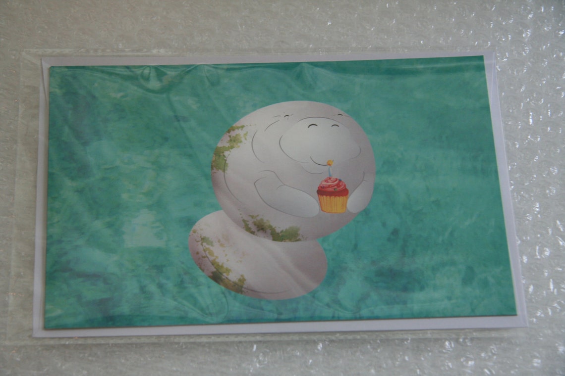 Manatee Holding Cupcake Happy Birthday Greeting Card - Etsy
