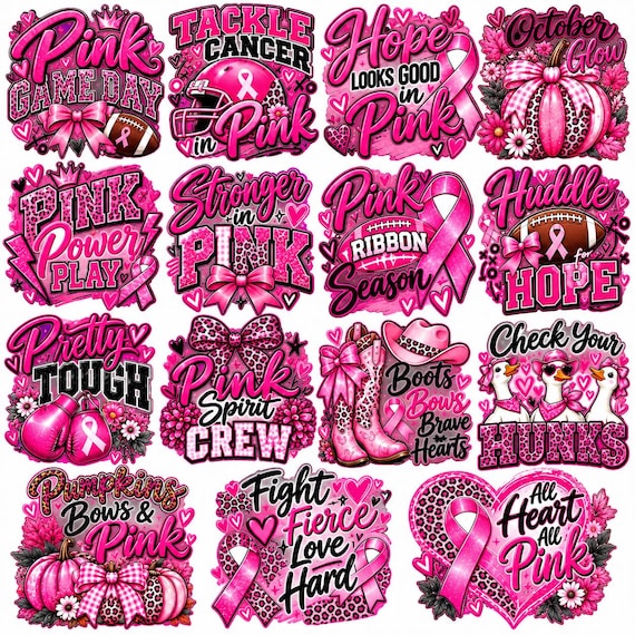 15 Breast Cancer PNG Bundle | Pink Ribbon Awareness PNG | In October We Wear Pink | Pink Out Football | Cancer Fight Sublimation