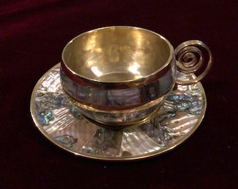 Vintage Villa Taxco Brass and Abalone Cup and Saucer from the 1960s. Six available, sold individually. Cup is 1.5” x 2.8” dia. Plate is 4.5”
