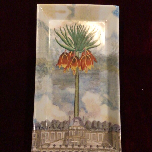 John Derain New York Decoupage Rectangular Valet Tray with Hand Painted Fritillaria Flower. Measures 10” x 5.5” x 1.15” depth.