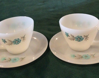 Vintage “Bonnie Blue” Fireking, by Anchor Hocking, Blue Cornflower Cup and Saucer Set. Cup has diameter of 3.5” with 6” plate.