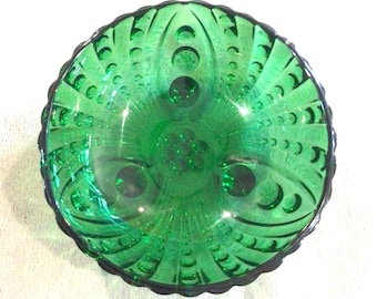 Vintage Anchor Hocking Emerald Green Footed Burple Bowl from 1950s-1960s. Three available, sold individually. Each measures 4.5” x 1.5”.