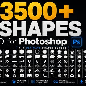 May include: A digital collection of 3500+ shapes for Photoshop featuring a black background with large yellow and white text. The image displays a grid of various white icons including arrows, nature elements, symbols, and UI graphics for design.