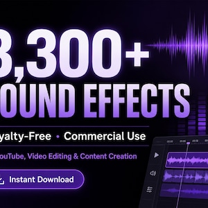 Könnte beinhalten: Eine digitale Grafik mit dem Text 3,300+ SOUND EFFECTS, Royalty-Free, Commercial Use, For YouTube, Video Editing & Content Creation und Instant Download. Eine violette Audiowellenform und eine Videobearbeitungs-Timeline sind zu sehen.